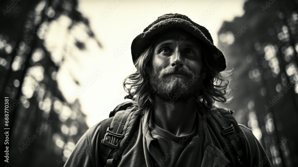 Fototapeta premium Adventurous mountaineer man with backpack
