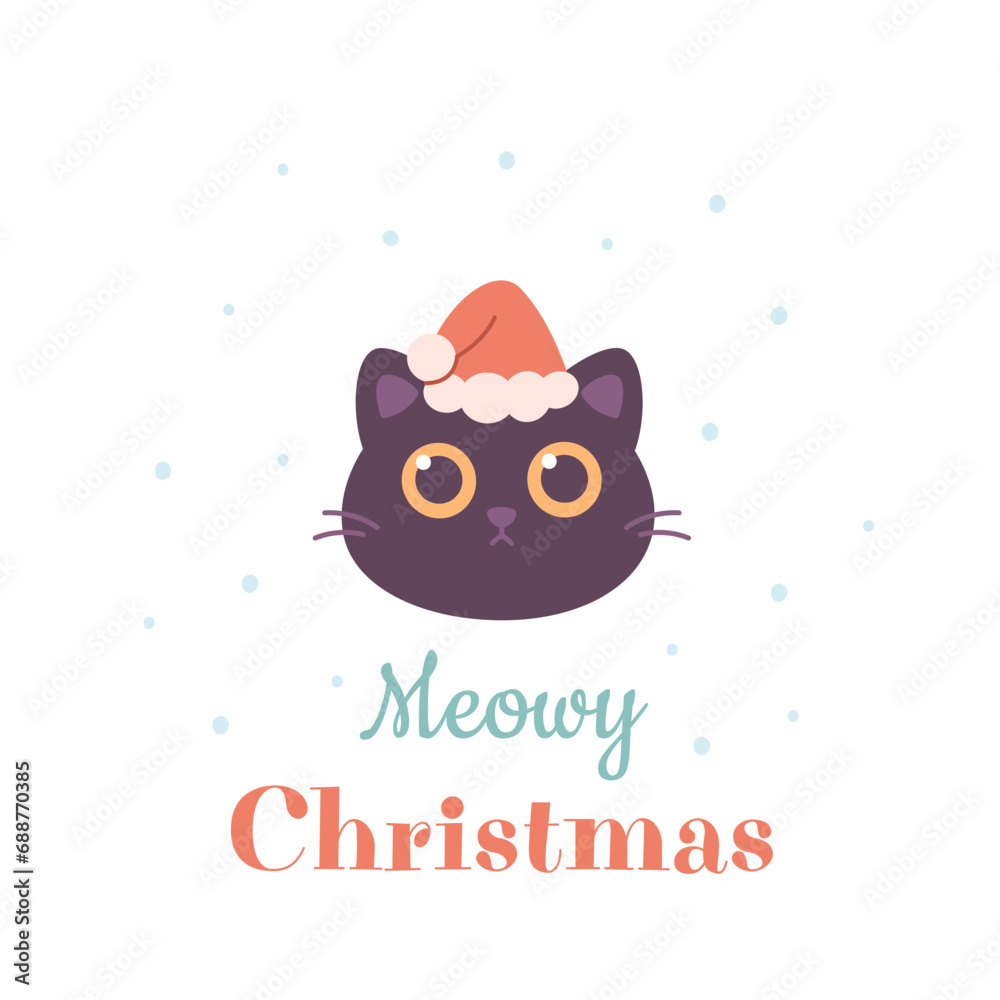 Fototapeta premium Merry Christmas greeting card with cute cat in Santa hat. Vector illustration in flat style