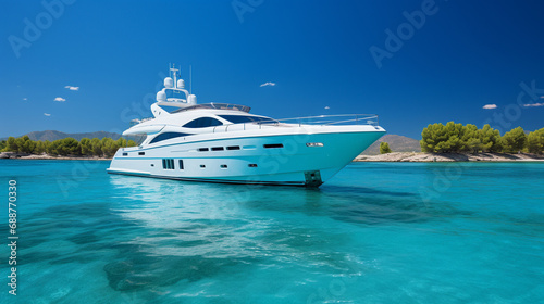 luxury yacht sailing on a turquoise ocean under a bright blue sky. ai generated. © 1st footage