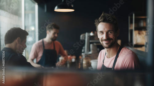 Generative AI portrait of small business owner in cafe setting photo