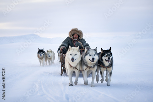 Generative AI image of a member of an Eskimo tribe navigating the snowy landscape with a team of huskies pulling a sled photo