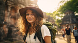 Adventurous traveler woman with backpack