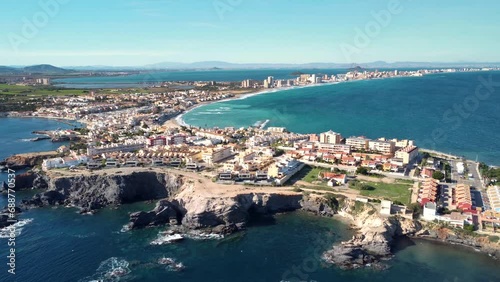 Aerial drone perspective of famous region La Manga, Murcia Province. Spain. 