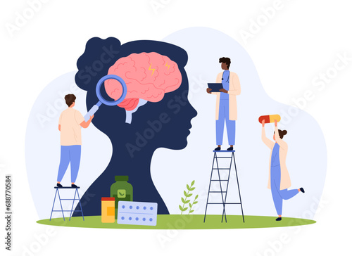 Headache, migraine, diagnosis and treatment of brain disease vector illustration. Cartoon tiny people research human brain inside patients head with magnifying glass, neurologists examination