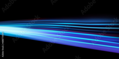 Glowing speed stripes. Traces of movement of a car. Night city lighting with long exposure. Abstract vector illustration isolated on black background.