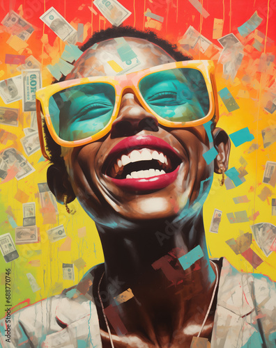 Generative AI image of a joyful woman with flying money photo