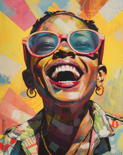 Generative AI image of joyful black woman with colorful background