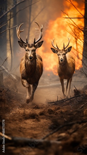 Forest animals moose fleeing from forest fire, a fire in a forest or park