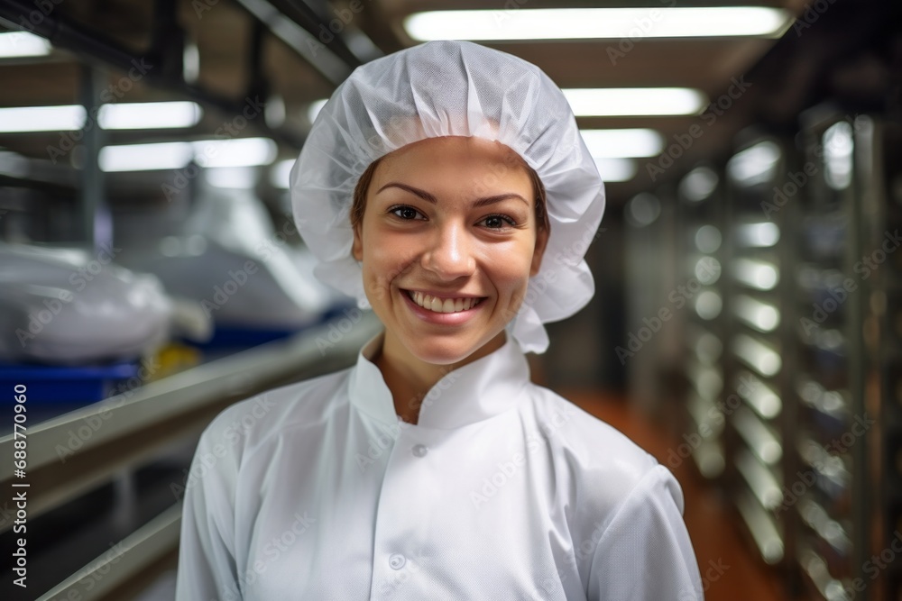 Food industry, a girl in a white coat and a protective cap on the background of a blurred food production workshop, food quality control Food industry, a girl in a white coat and a protective cap on the background of a blurred food production workshop, food quality control