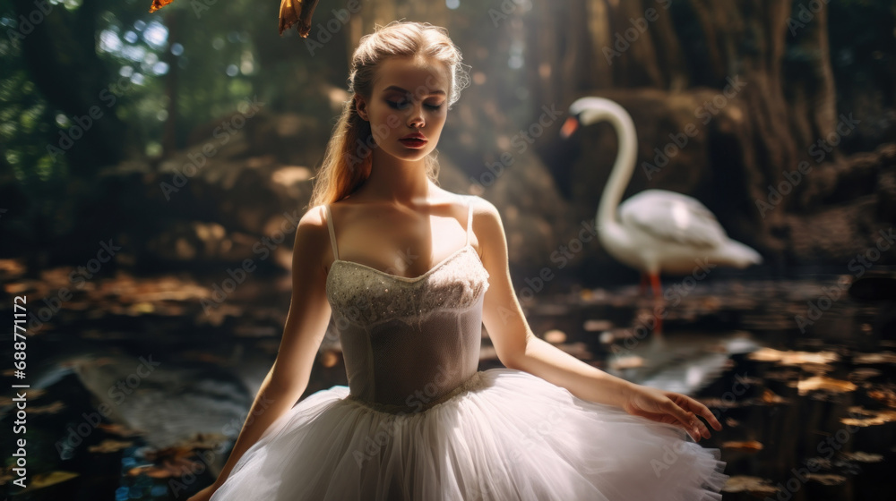 Fototapeta premium A ballerina posing with swans