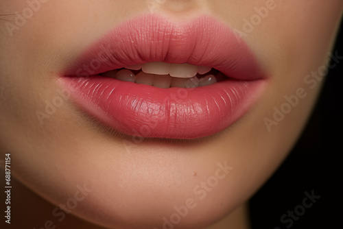 Matte mauve lipstick on natural lips  close-up. Modern and trendy makeup look. High-resolution image suitable for poster  banner  or design. Female beauty and elegance