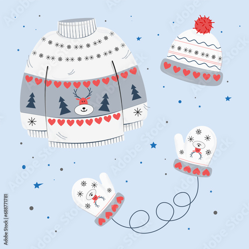 Vector illustration of winter clothes collection. Knitted hat, hand gloves, sweater in Christmas style isolated on background in cartoon flat style. Traditional Accessories with Ornament.
