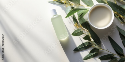 Spa Concept with Eucalyptus Oil and Extract, Natural Cosmetics, and Eco-Friendly Bathroom Accessories on a Clean White Background
