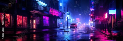 Night city, empty city streets after sunset in neon purple color, banner