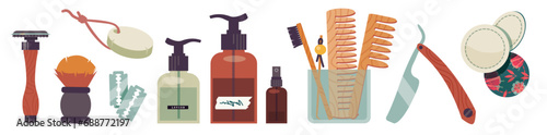 Zero waste bathroom for men. recycled packaging, bamboo toothbrush, wood, cotton, shaver blade. Vector illustration separated items.