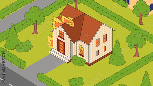 Accident and disaster. Banner with large house burning in flames. Fire in apartment. Catastrophe or incident. Calling emergency and fire services. Cartoon isometric vector illustration