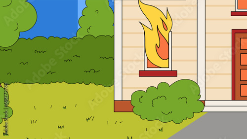 Accident and disaster. Dangerous incident at home. Burning apartment with large and long flames. Fire in country cottage or real estate countryside building. Cartoon flat vector illustration