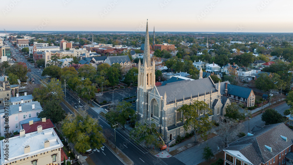 Aerial view of a church on Market Street in downtown Wilmington, NC.