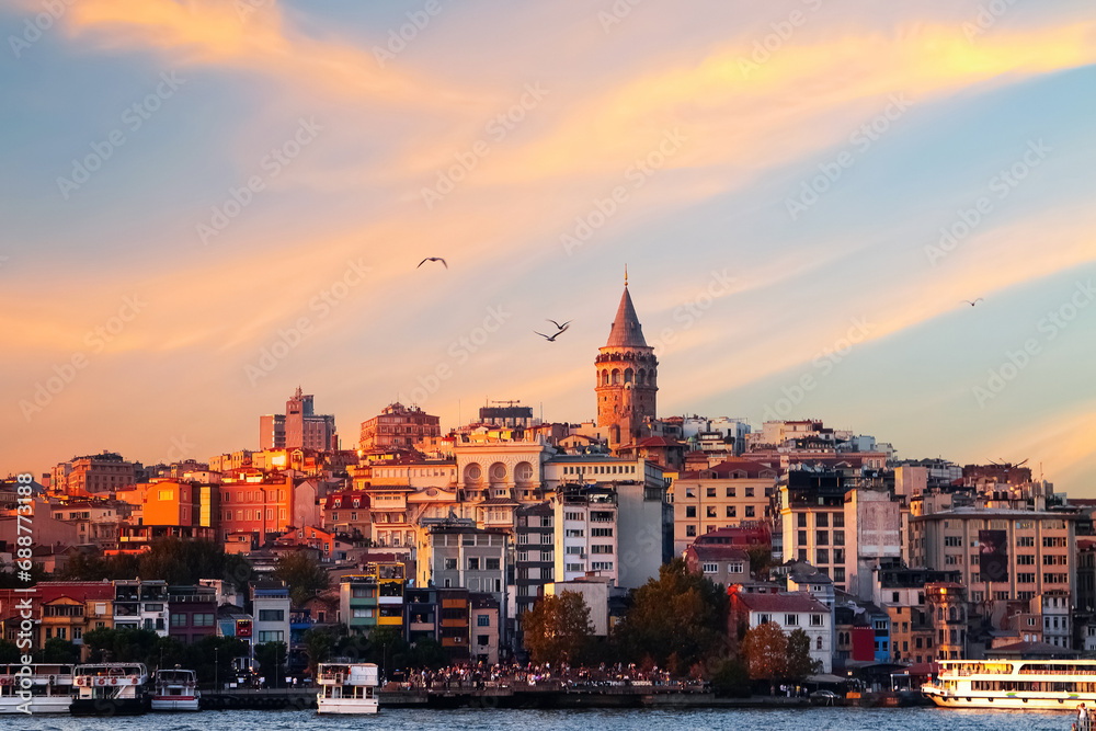 View of the Galata Tower from the Galata Bridge. Istanbul. Turkey.