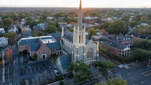 Aerial view of a church on Market Street in downtown Wilmington, NC. photo