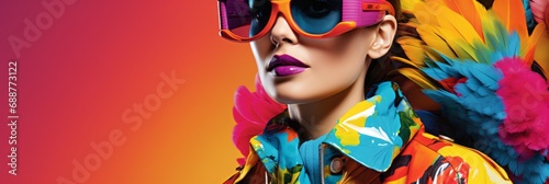 Young girls in beautiful fashionable clothes in toucan plumage colors, exotic bird and high fashion, fashion magazine cover, banner