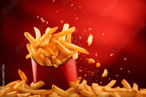 Falling french fries in a red cup on a red background.