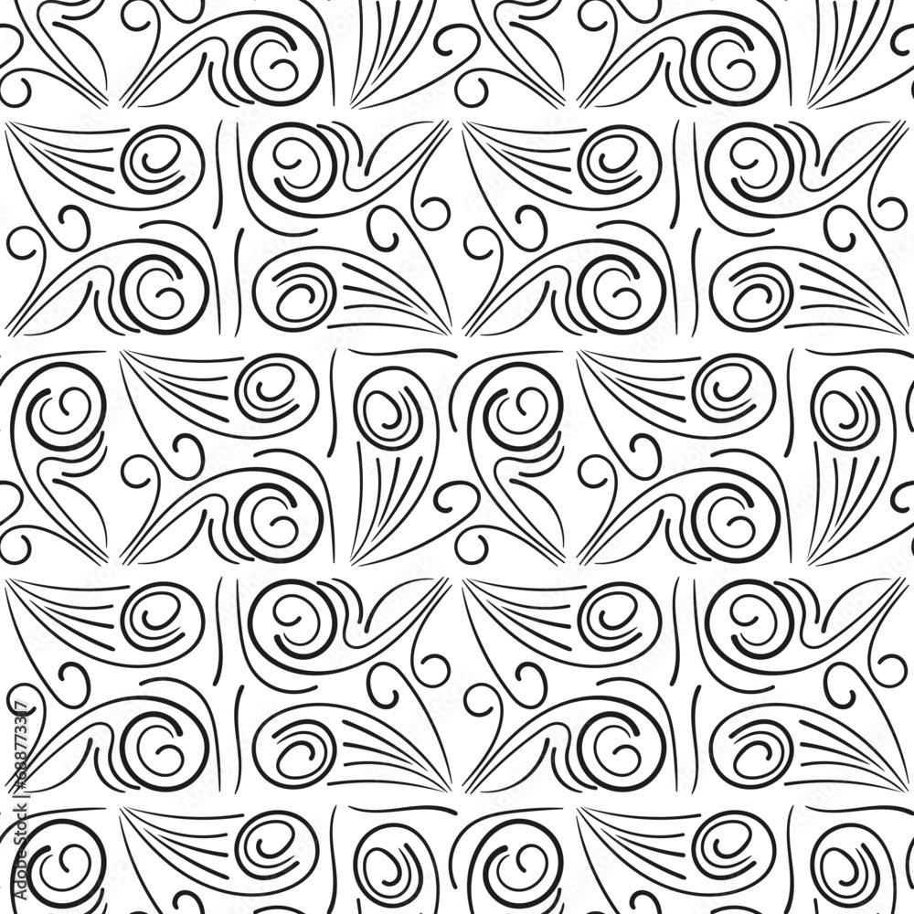 Repeating black and white ornament. Seamless pattern of lines, dots, circles, squares. Monochrome texture for printing and creating your own design