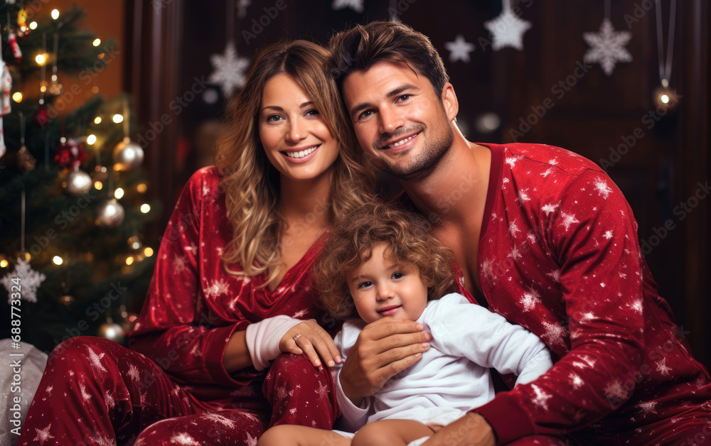 Young couple wearing Christmas pajamas with their 1 years old child under the Christmas tree