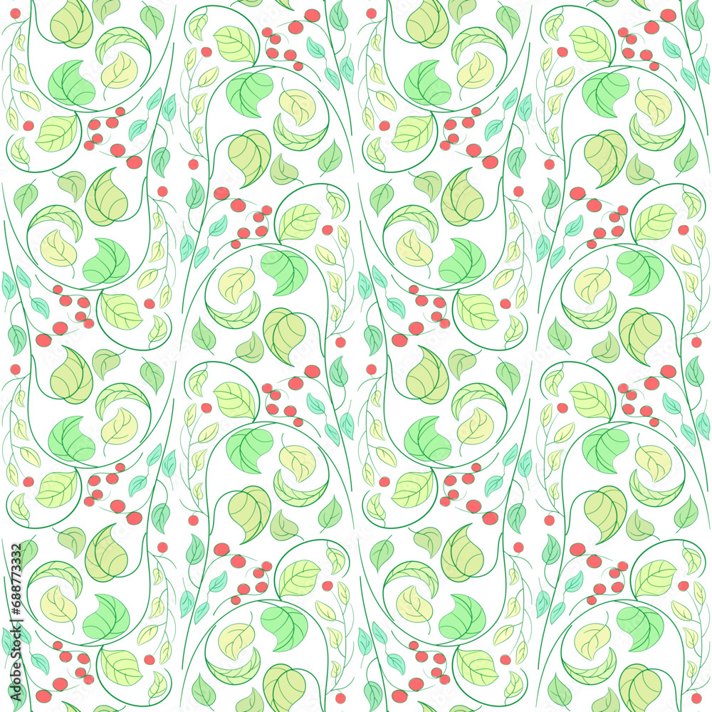 Decorative ornamental seamless leafs green spring pattern. Endless elegant texture with leaves. Tempate for design fabric, backgrounds, wrapping paper, package, covers