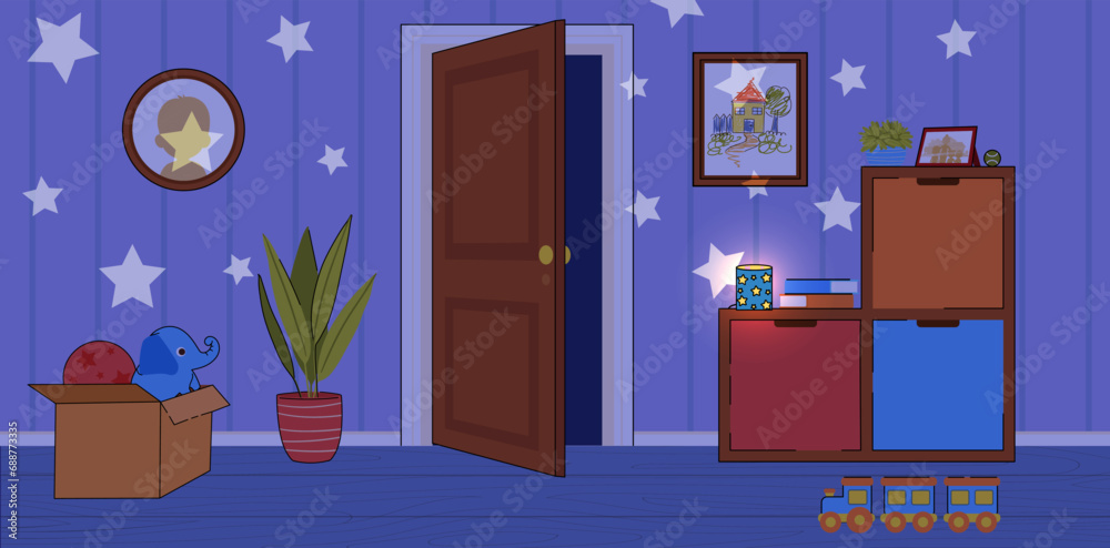 Cute children room. Colorful banner or background with cozy baby bedroom with open wooden door, star lamp, toys and decorative elements in evening lighting. Cartoon flat vector illustration