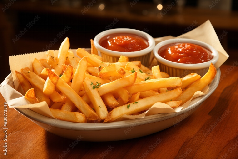 Golden French fries potatoes with ketchup and mayonnaise on wooden table
