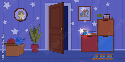 Cute children room. Colorful banner or background with cozy baby bedroom with open wooden door, star lamp, toys and decorative elements in evening lighting. Cartoon flat vector illustration