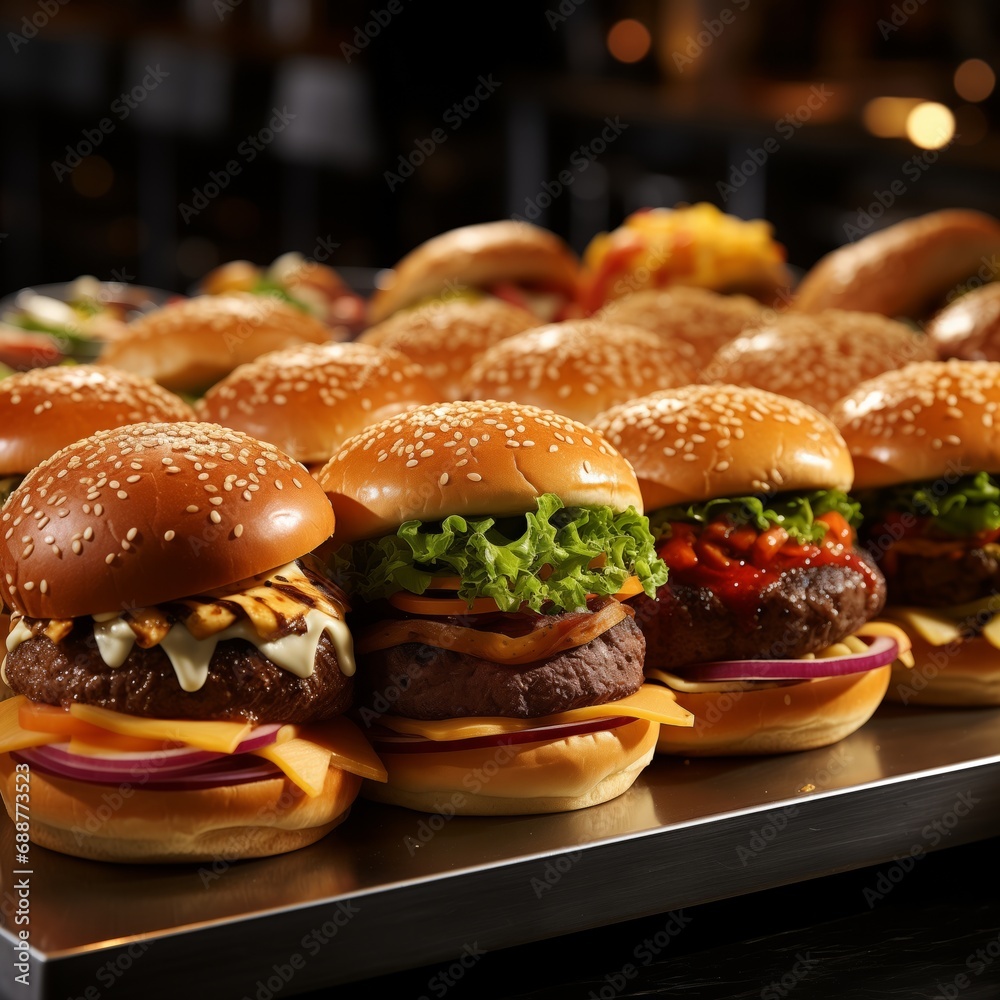 Closeup of tasty hamburgers on tray in restaurant. Concept of fast food Closeup of tasty hamburgers on tray in restaurant. Concept of fast food