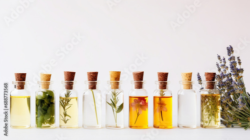 set of essential oil bottles with flowers and herbs, on white background photo