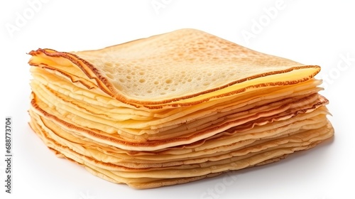Stacked thin crepes, isolated on plain white background.