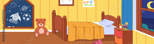 Cute children room. Beautiful illuminated bedroom for baby with cozy comfortable bed, bedside table, teddy bear and drawing board. Space for child. Cartoon flat vector illustration
