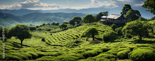 Tea farms with growing tea green field