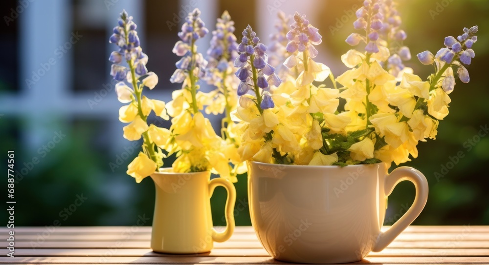 a yellow mug full of delphiniums outside in the sunlight,