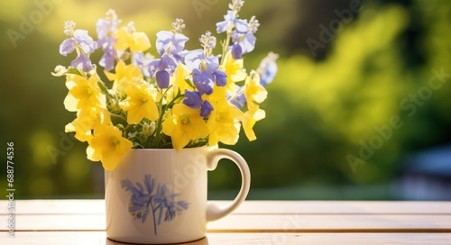 a yellow mug full of delphiniums outside in the sunlight,
