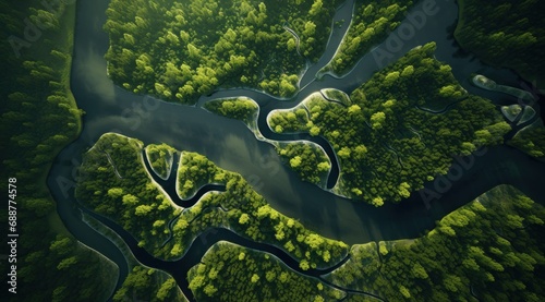 aerial view of a river flowing in middle of a forest, photo