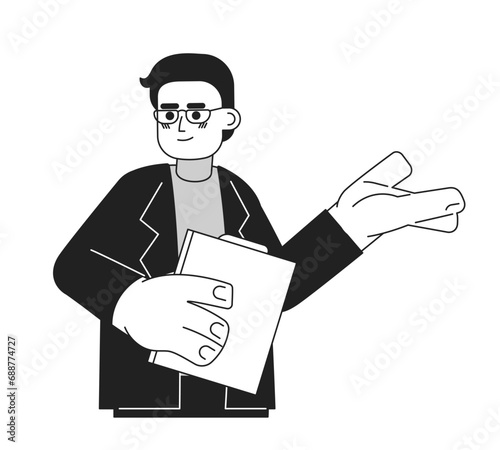 Eyeglasses male realtor friendly suggesting black and white 2D cartoon character. Asian adult man house agent isolated vector outline person. Professional guy monochromatic flat spot illustration