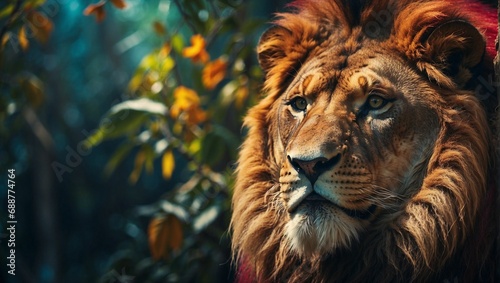 a lion sitting behind a tree with fall leaves in the background