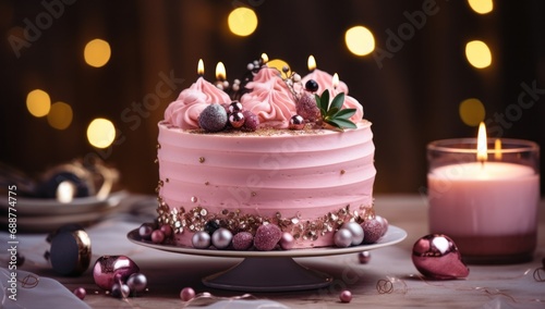 an elegant pink cake is sitting on a wooden plate with christmas lights in the background,