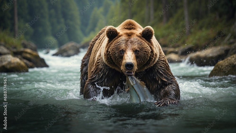 Fototapeta premium a brown bear catching fish in a river of water and rocks