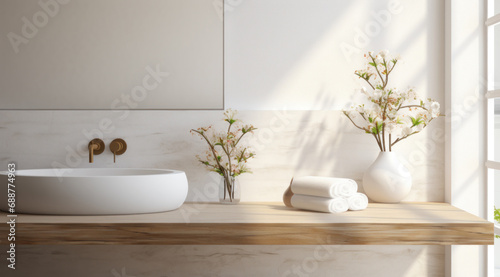 an image of the table in a modern white bathroom, © ArtCookStudio