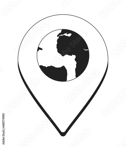 Planet earth location pinpoint black and white 2D cartoon object. Discovering traveling pin isolated vector outline item. World map exploration. Direction monochromatic flat spot illustration