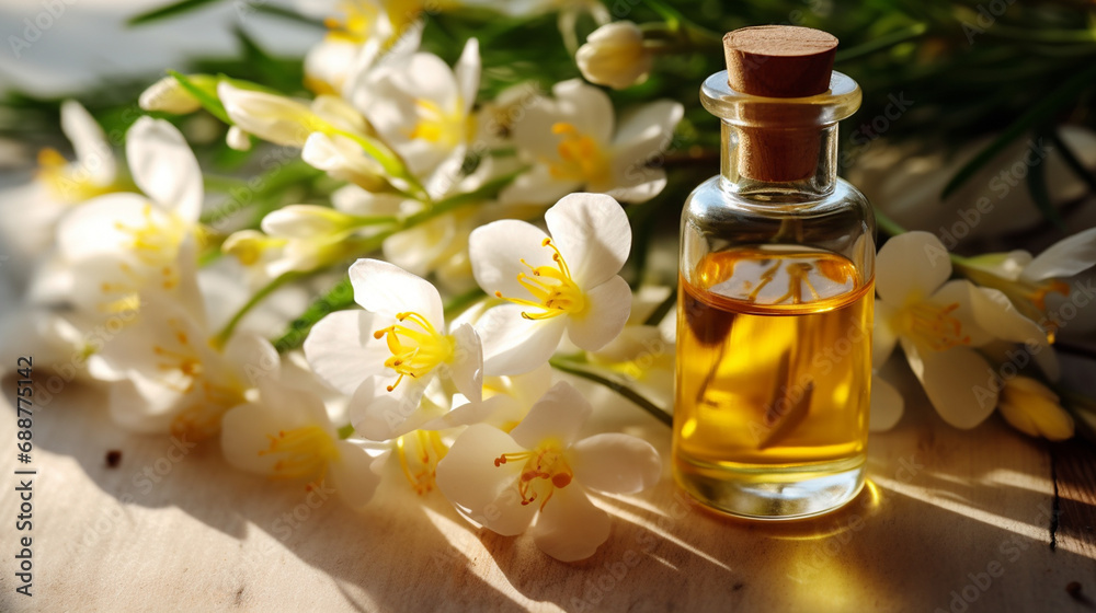 bottle, jar with essential oil extract freesia bottle, jar with essential oil extract freesia