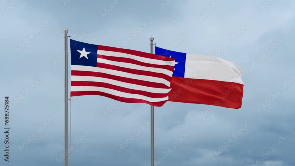 Chile flag and Liberia flag waving together on cloudy sky, endless seamless loop, two country relations concept Chile flag and Liberia flag waving together on cloudy sky, endless seamless loop, two country relations concept