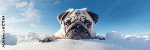 Closeup of cute pug dog sitting in the snow and looking at the camera. Beautiful natural animal portrait, ideal as web banner for winter and christmas concepts.
