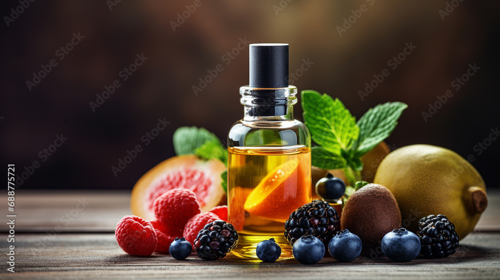 bottle, jar with essential oil extract, fruit mix bottle, jar with essential oil extract, fruit mix